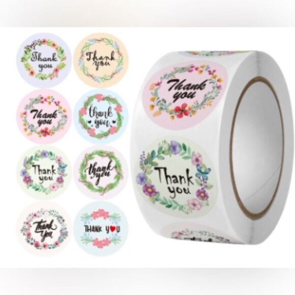 1" Round Frames Thank You Stickers Roll 8 Floral Designs NWT 500 pcs - Picture 2 of 2